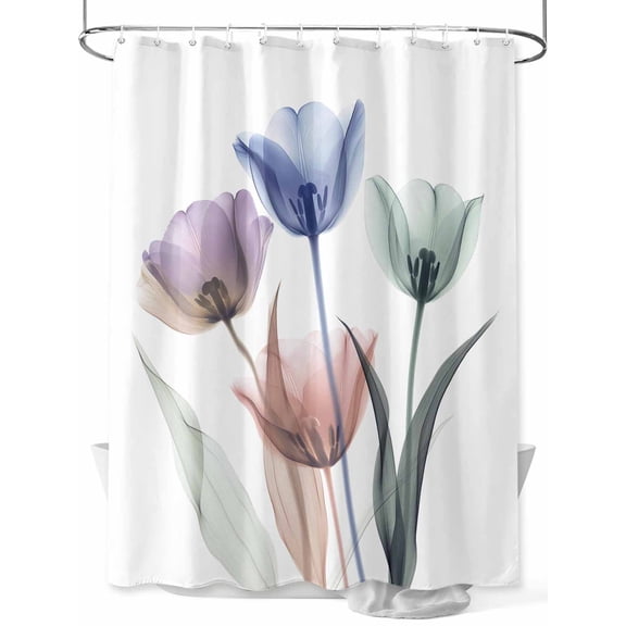 Simple Floral Shower Curtain, Blue Green Purple Flower Leaves Pattern Waterproof Shower Curtain Set with 12 Hooks Lightweight Washable Fabric Shower Curtains for Bathroom 72x78 Inches