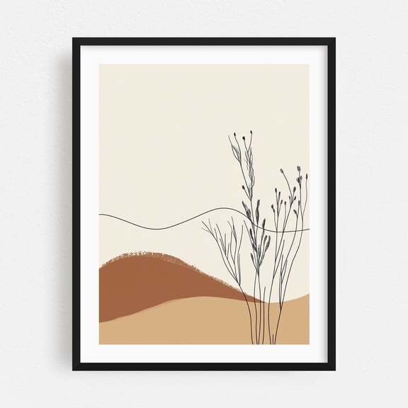 Simple Flower Line Art - Line Drawing Minimalist Boho Abstract Desert Nature Line Art Botanical Black Framed Wall Art Print 16 x 20 inches