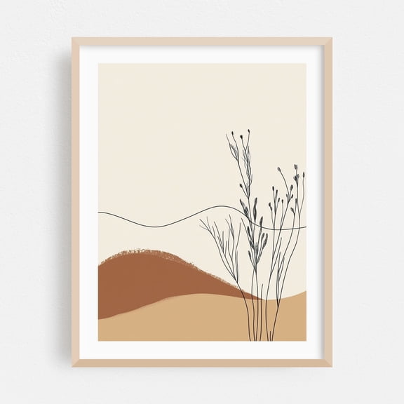Simple Flower Line Art - Line Drawing Minimalist Boho Abstract Desert Nature Line Art Botanical Oak Framed Wall Art Print 30 x 40 inches