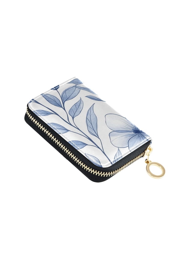 Simple Flower Sketch Women's Credit Card Holder PU Leather Zipper Wallet RFID Blocking