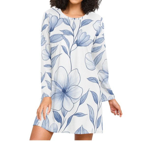 Simple Flower Sketch Women's Long Sleeves Nightgowns Sleepwear Soft Pajama A-line Sleep Dress S