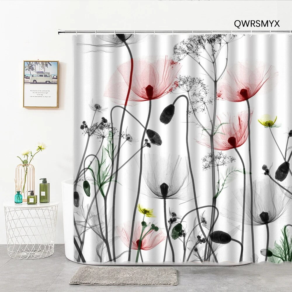 Simple Flowers Aesthetic Shower Curtain Modern Watercolor Plants ...