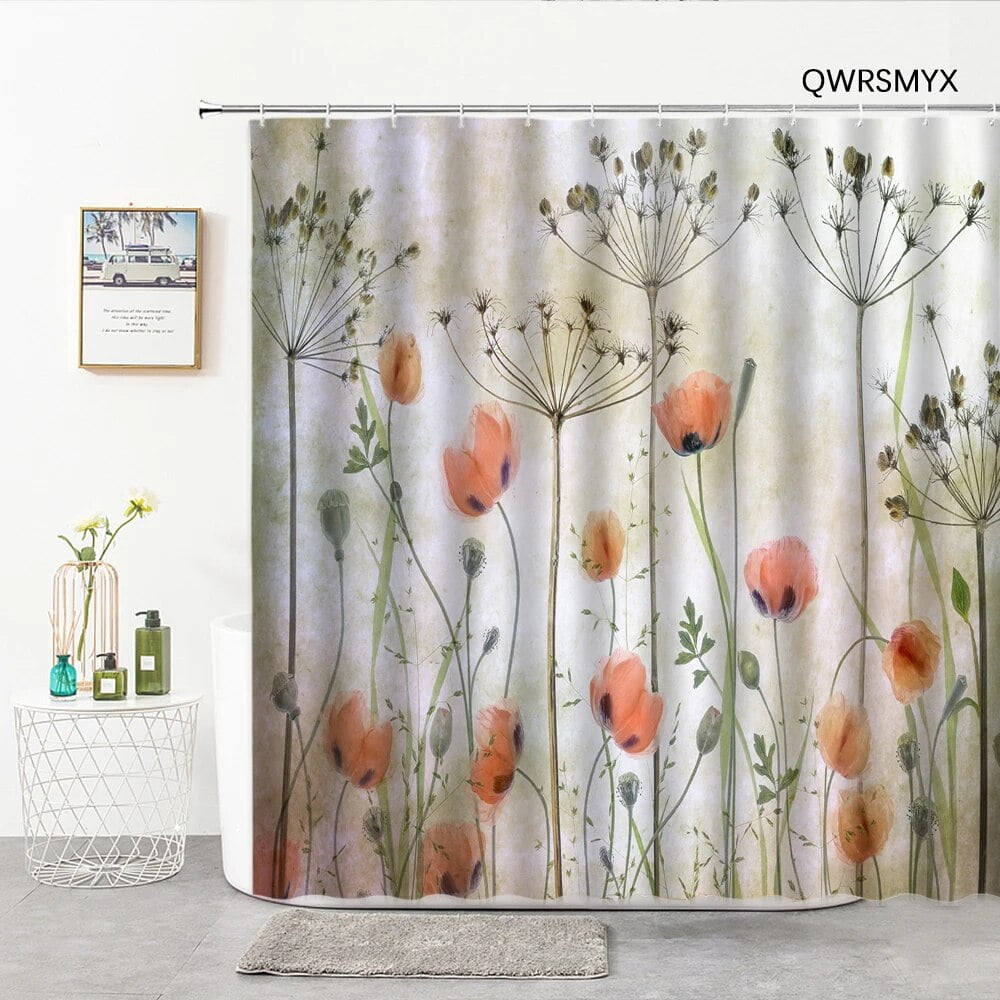 Simple Flowers Aesthetic Shower Curtain Modern Watercolor Plants