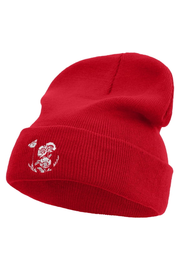 Simple Flowers Embroidered 12 Inch Long Knitted Beanie - Red OSFM