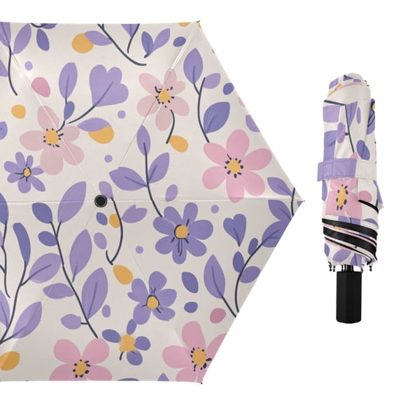 Simple Flowers Pattern All Weather Umbrella Triple Folding Parasol 6 Ribs UV Protection Portable