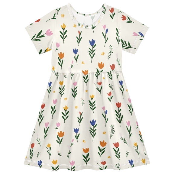 Simple Flowers Short Sleeve Dress A-Line Cute Midi Casual Sundress 2-8 Years