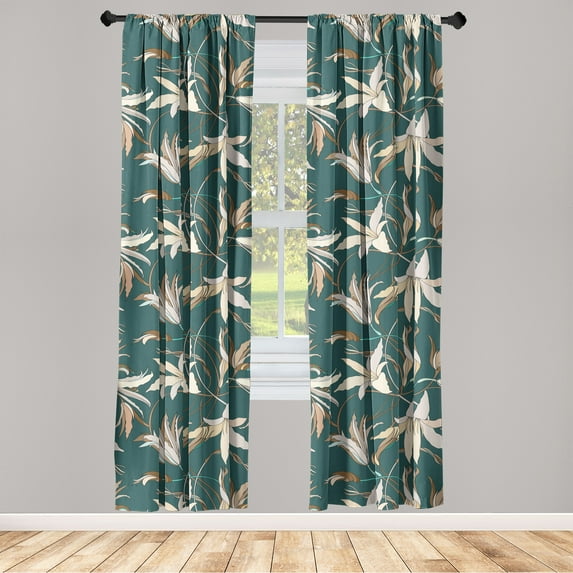 Simple Flowers Window Curtains, Brownish Floral Design with Romantic Aura on Forest Color Back, Lightweight Decor 2-Panel Set with Rod Pocket, Pair of - 28"x95", Dark Teal Cream Eggshell, by Ambesonne