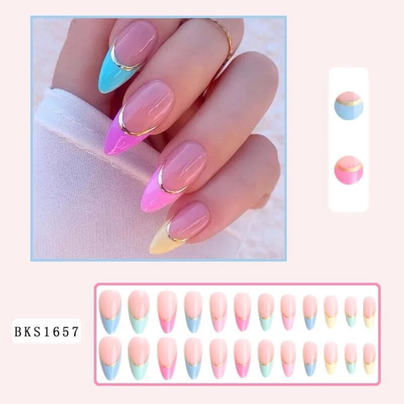 Simple French Wearable False Nails Almond Colorful Stripes Colorblock Design Manicure Fake Nails Line Full Cover Press On Nail
