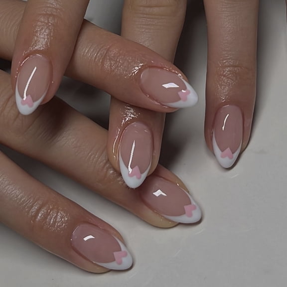 Simple French white edge wearing nail nail piece short almond nail art pink love removable fake nail wholesale