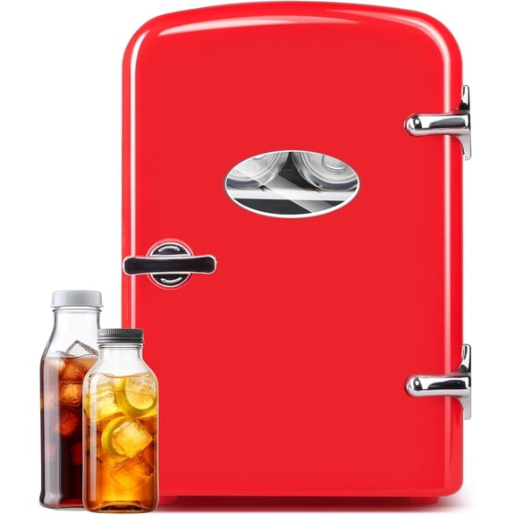 Simple   Fridge with Observation Window 6 Can Portable Cooler & Warmer Freon-Free Small Refrigerator, Compact Fridge for Skincare, Beverage, 4L with Window, Red