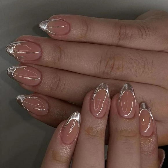 Simple Full Covers Stick on Nails Silver French Tip False Nails Short Almond Press On Nails Artificial Nails