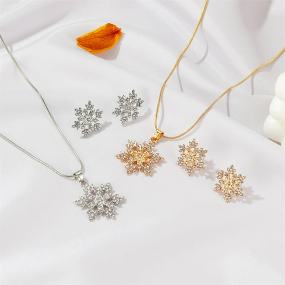 Simple Full Diamond Snowflake Necklace Earring Set