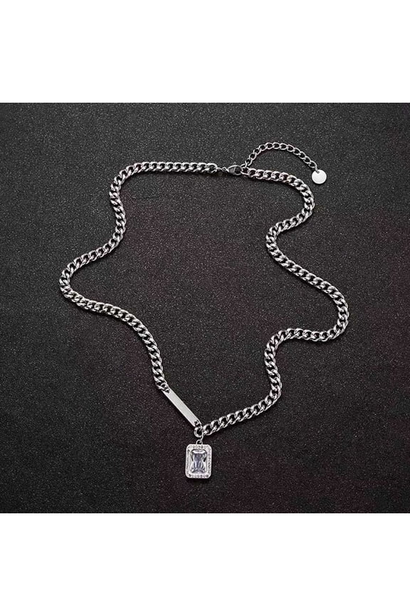 Simple Geometric Necklace for Men Women, Never Fade 14K White Gold Cuban Chain Collar, Big Square Zorconia Stone Pendant