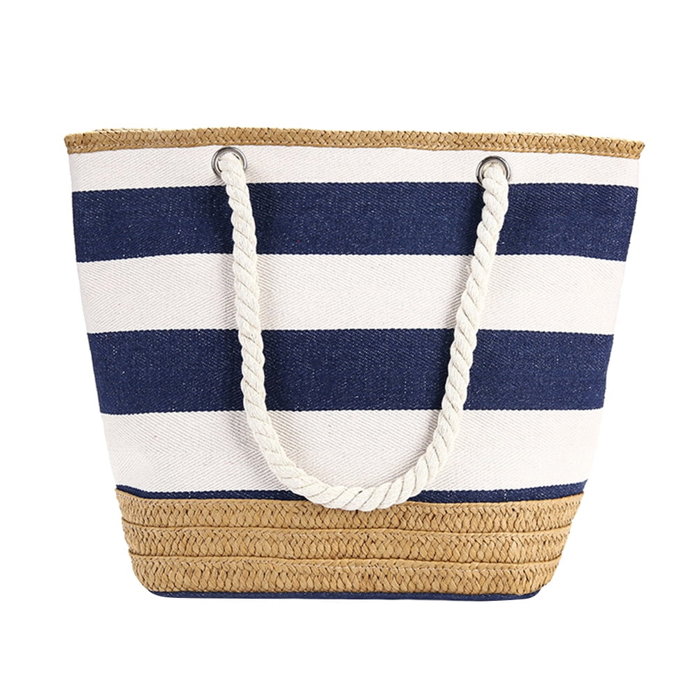 Simple Geometric Stripe Shoulder Bag Tote Handbag with Cotton Rope Handles  Beach Bag (Blue and White Stripe)