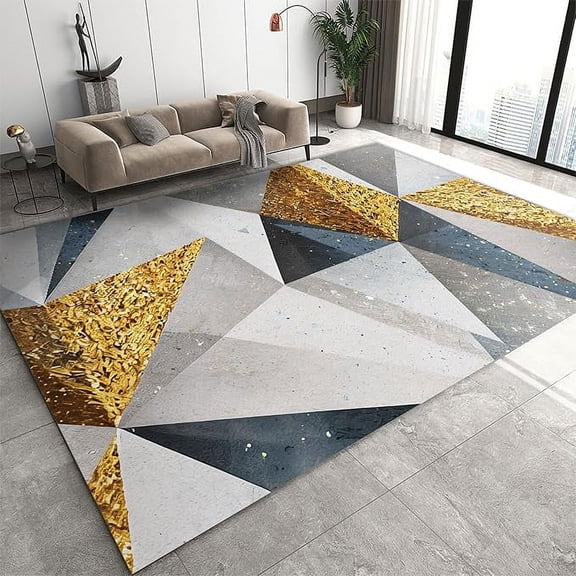 Simple Geometric Triangles Rugs For Bedroom Aesthetic, Gold And Grey Abstract Art Area Rugs Floor Mats Non Slip Soft For Living Room Hardwood Floors Teen Room 5 x 7ft