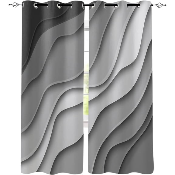 Simple Geometry Blackout Grommet Window Curtains, Black And White Water Ripples Bedroom Curtains 3D Valance Pattern Window Drapes For Kitchen Living Room Home Decor