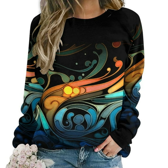 Simple Golden Ripple Women's Floral Printed Sweatshirt Long Sleeve Crewneck Casual Loose Vintage Graphic Pullover Tops