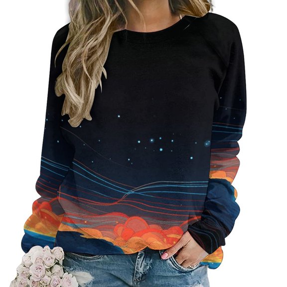 Simple Golden Ripple Women's Floral Printed Sweatshirt Long Sleeve Crewneck Casual Loose Vintage Graphic Pullover Tops