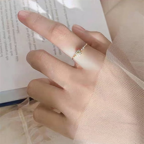 Womens Floral Ring With Artificial Gems Inlay Electroplated Golden Finish Snowflake Design Jewelry Gift AJZ897