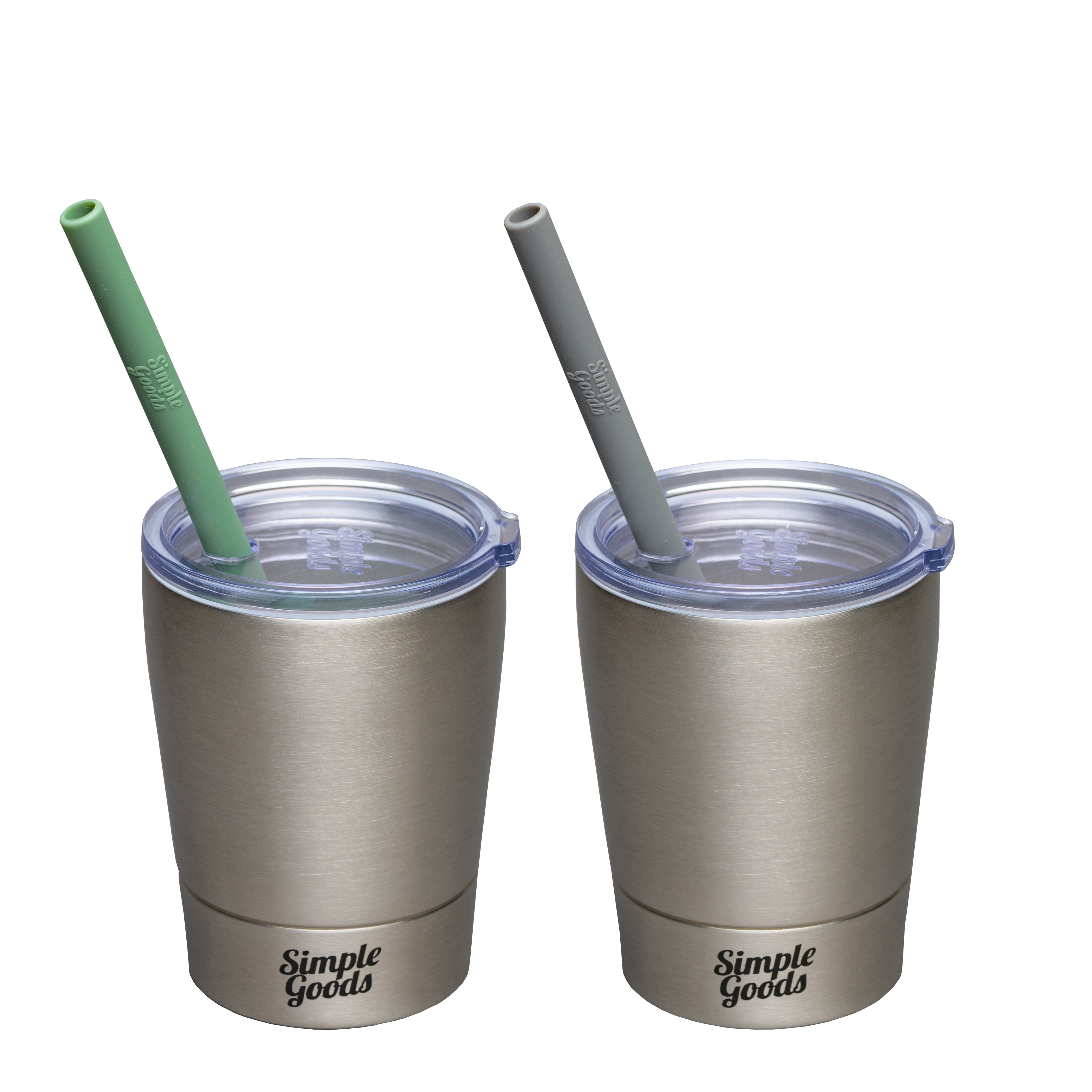 Simple Goods 2 Pack Kids Stainless Steel Sippy Cup Tumbler with Straw, Lid & Bag (Midi, 12 oz, Silver/Silver 2 Pack)