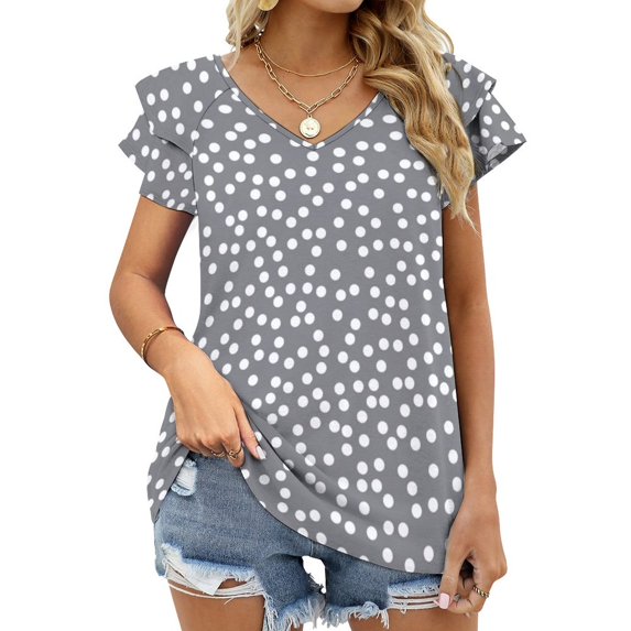 Simple Gray And White Polka Dots Lotus Leaf Neck Women'S T-Shirt Cute Elegant Tops Tees Long Sleeve T-Shirts Casual Shirts Gray