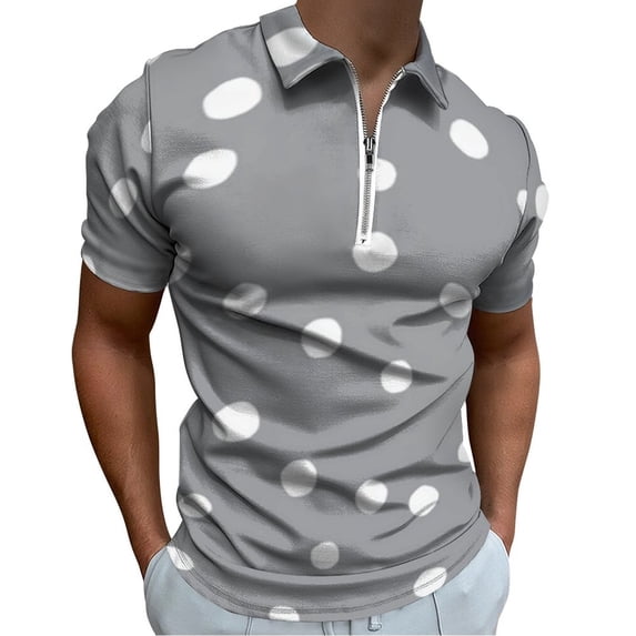 Simple Gray And White Polka Dots Men Zipper T-shirt Summer Casual Short Sleeve T-shirt Top