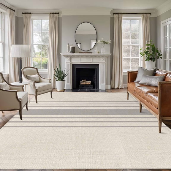 Simple Gray Striped 8'x10' Large Area Rug for Living Room Sectional Sofa, Abstract Brown Linen Texture Washable Non Slip Low Pile Rectangle Area Rug