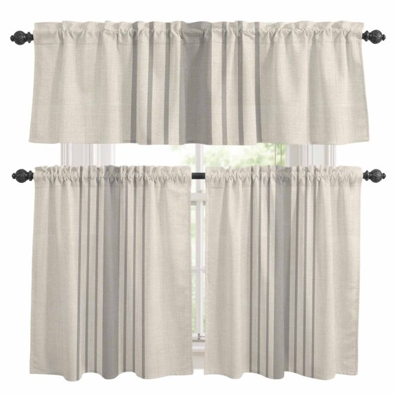 Simple Gray Striped Kitchen Curtains Valances and Tiers Set of 3 Abstract Brown Linen Texture Tier Curtains and Valance with Rod Pocket for Small Windows, 27.5"x24"