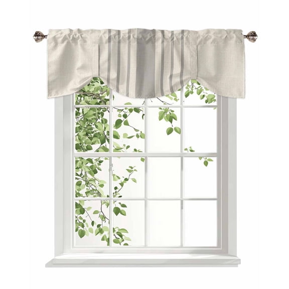 Simple Gray Striped Tie Up Valances Curtain, Abstract Brown Linen Texture Kitchen Valances for Windows Decor, Rod Pocket Short Curtains Set for Bedroom/Bathroom, 54"x18"