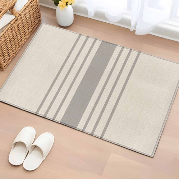 Simple Gray Striped Washable Small Entryway Area Rugs 2'x3', Abstract Brown Linen Texture Low Pile Throw Rug Non-Slip Sturdy Edge Binding Carpet for Front Door Floor Room Entry