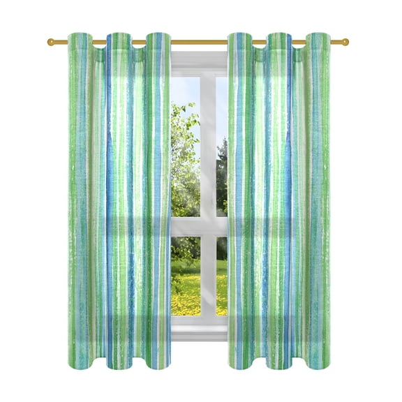 Simple Green Lines Semi Sheer Curtains for Living Room Bedroom Set of 2 Insulated Window Drapes