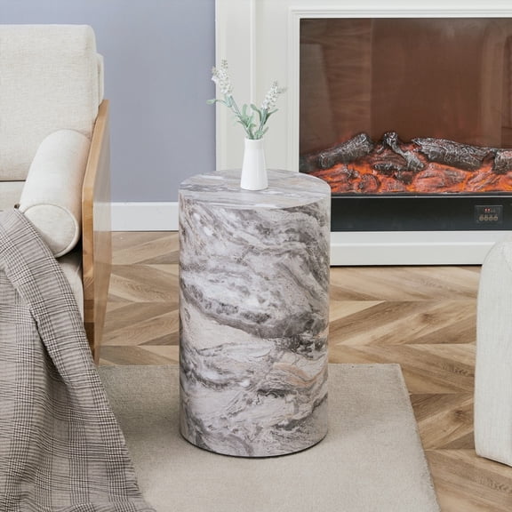 Simple Grey Marble Textured Cylindrical Coffee Table - 12" Diameter x 19.7" Height, MDF Living Room Furniture for Industrial Style