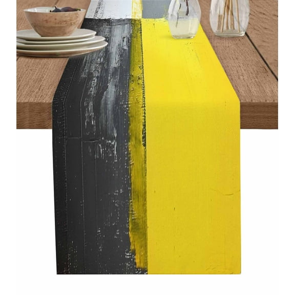 Simple Grey Yellow Burlap Cotton Table Runner 13x60 Inches Long, Abstract Color Block Art Farmhouse Table Runners, Outdoor Dining Tablecloths Decor for Baby Shower/Party/Wedding