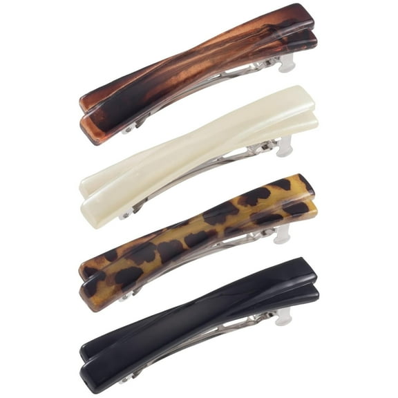 Simple Hair Clip， 4Pcs French Barrette Clips for Women 2.56 Inch Small Tortoise Clip Curved Glossy Thin Flat Accessories for Women (Black White Leopard Color Amber)