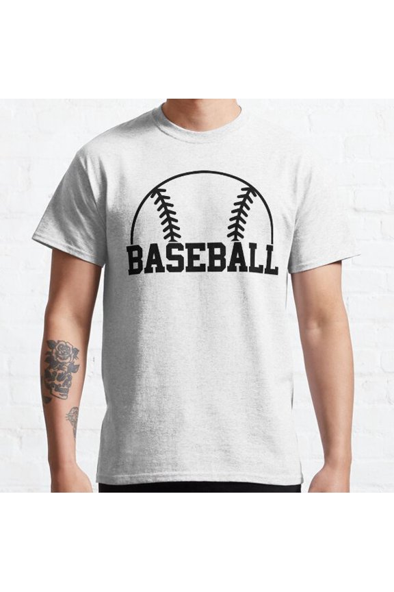 Simple Half Baseball With Threads/Stitches Over Bold Word "Baseball" In Collegiate Varsity Style Font Classic T-shirt