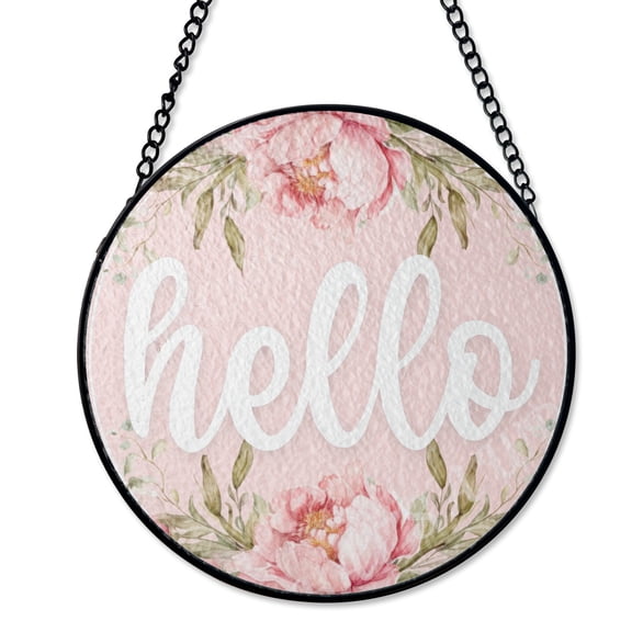 Simple Hello Greeting, Suncatcher Stained Glass Style, UV Printed Glass, Entryway Decor, Round