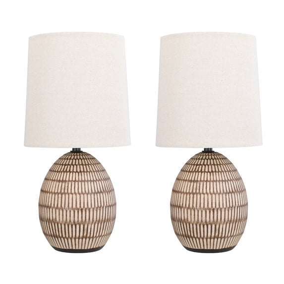 Simple Home 2-Pack Small Ceramic Table Lamps, Bohemian Carved Bedside Lamps with Beige Shades, 12.75"