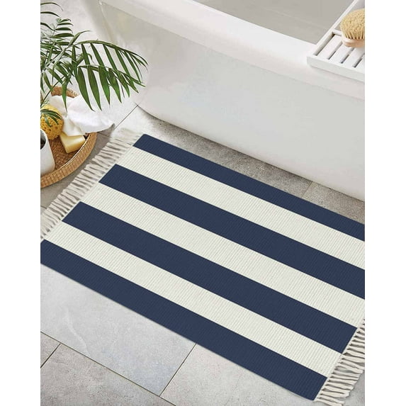Simple Horizontal Stripes Line Bath Rug 2x3ft Woven Bathroom Entryway Runner Rug, Washable Living Room Hallway Bedroom Kitchen Carpet with Tassels, Non-Shedding Indoor Outdoor Throw Doormat