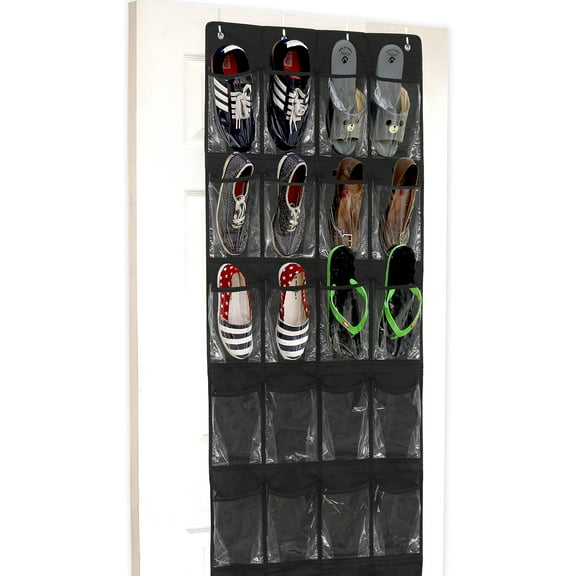 Simple Houseware 24 Pockets - Crystal Clear Over The Door Hanging Shoe Organizer, Gray (64'' x 19'')