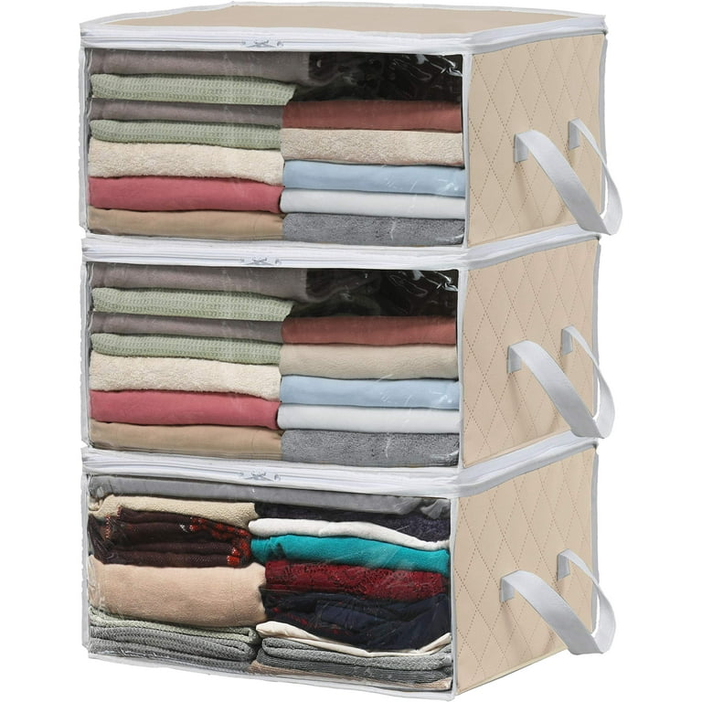 Simple Houseware 3 Pack Foldable Closet Organizer Clothing Storage Box with Clear Window, Beige