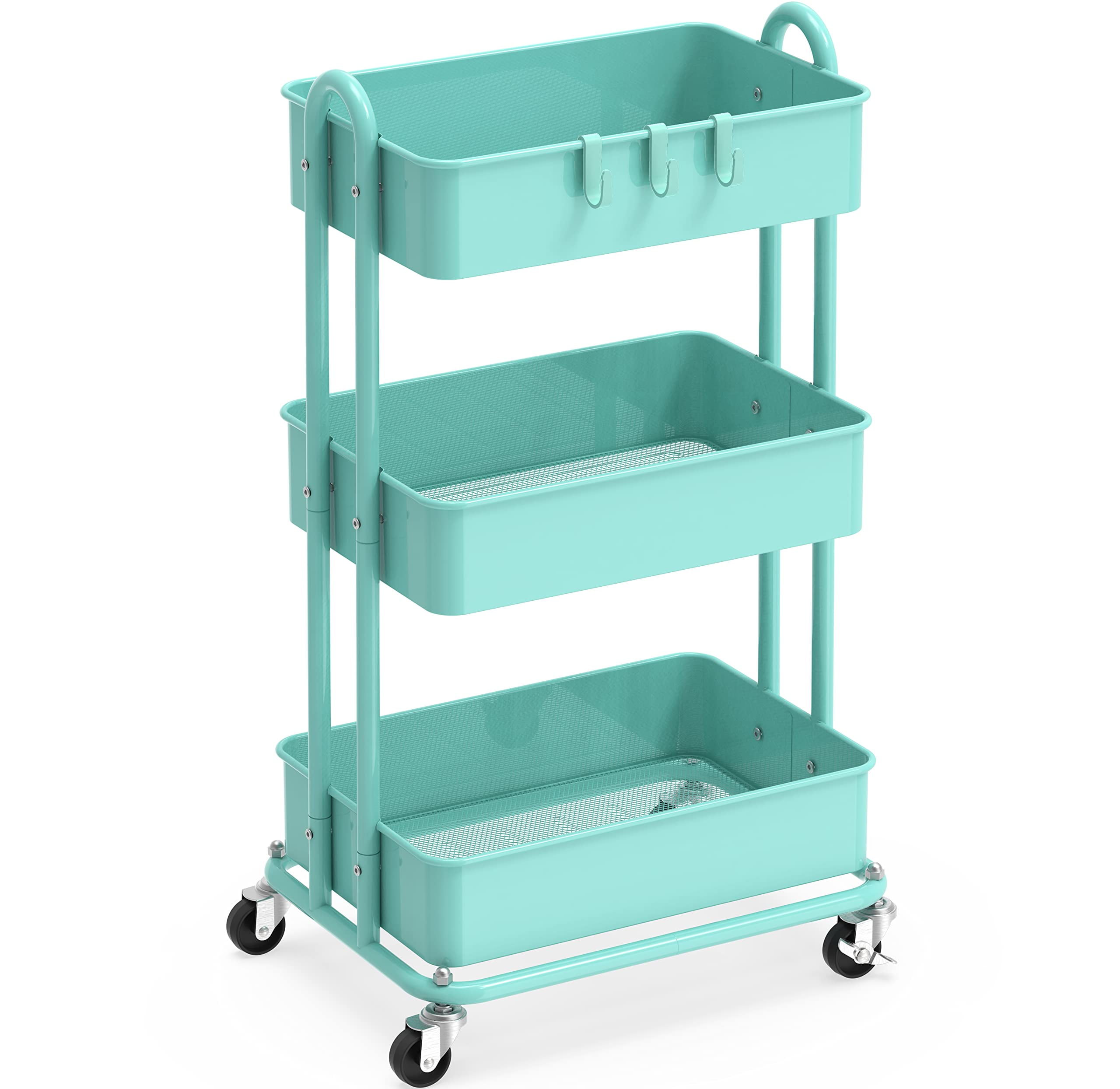 Turquoise Metal 3-Tier Utility Rolling Cart with Swivel Wheels