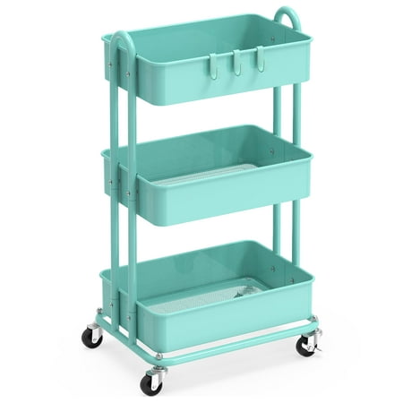 Simple Houseware 3-Tier Kitchen Cart Metal Utility Rolling Cart, Turquoise