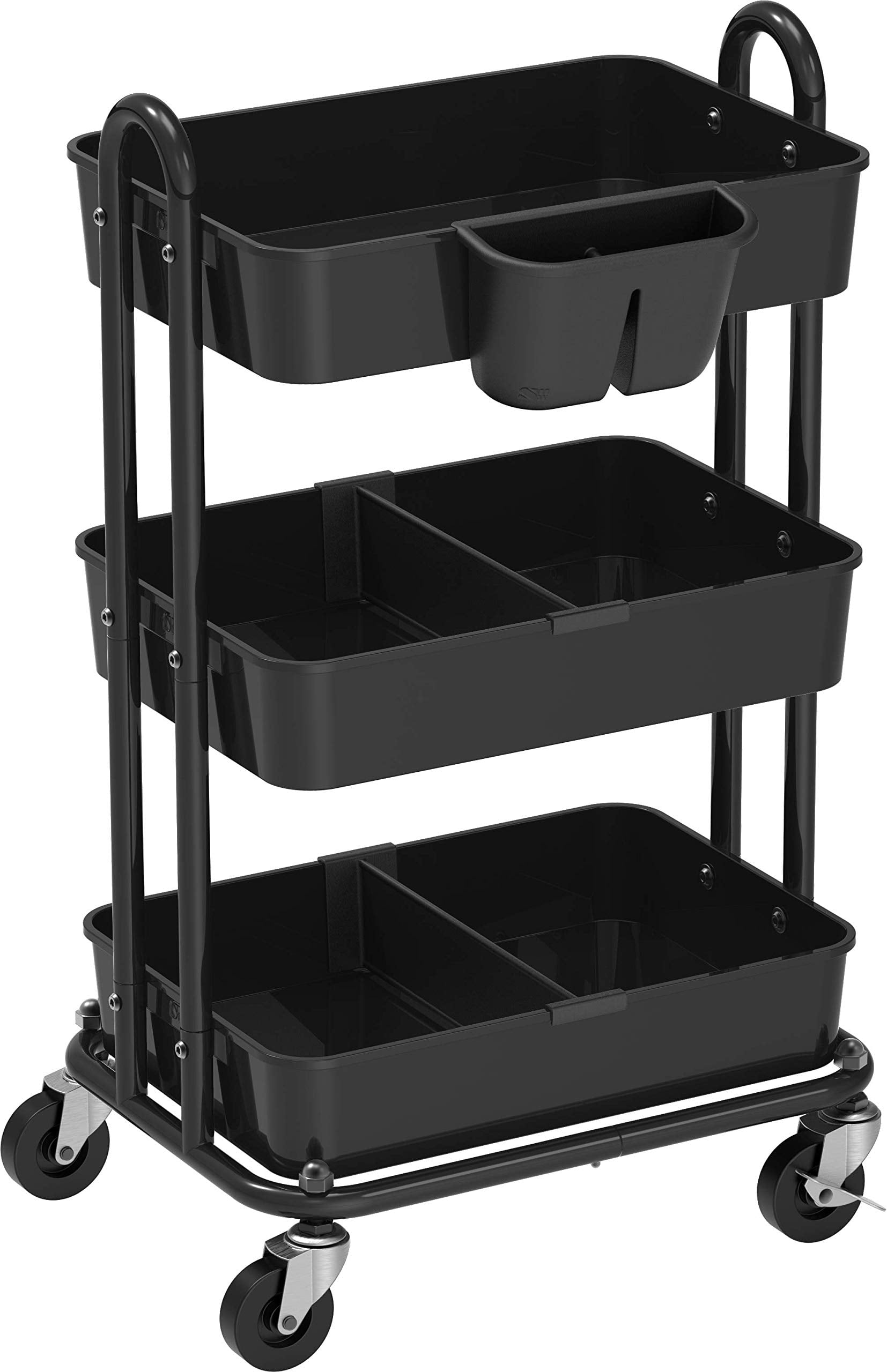 Simple Houseware 3-Tier Multifunctional Rolling Utility Cart with 2  dividers and Hanging Bucket, Red 