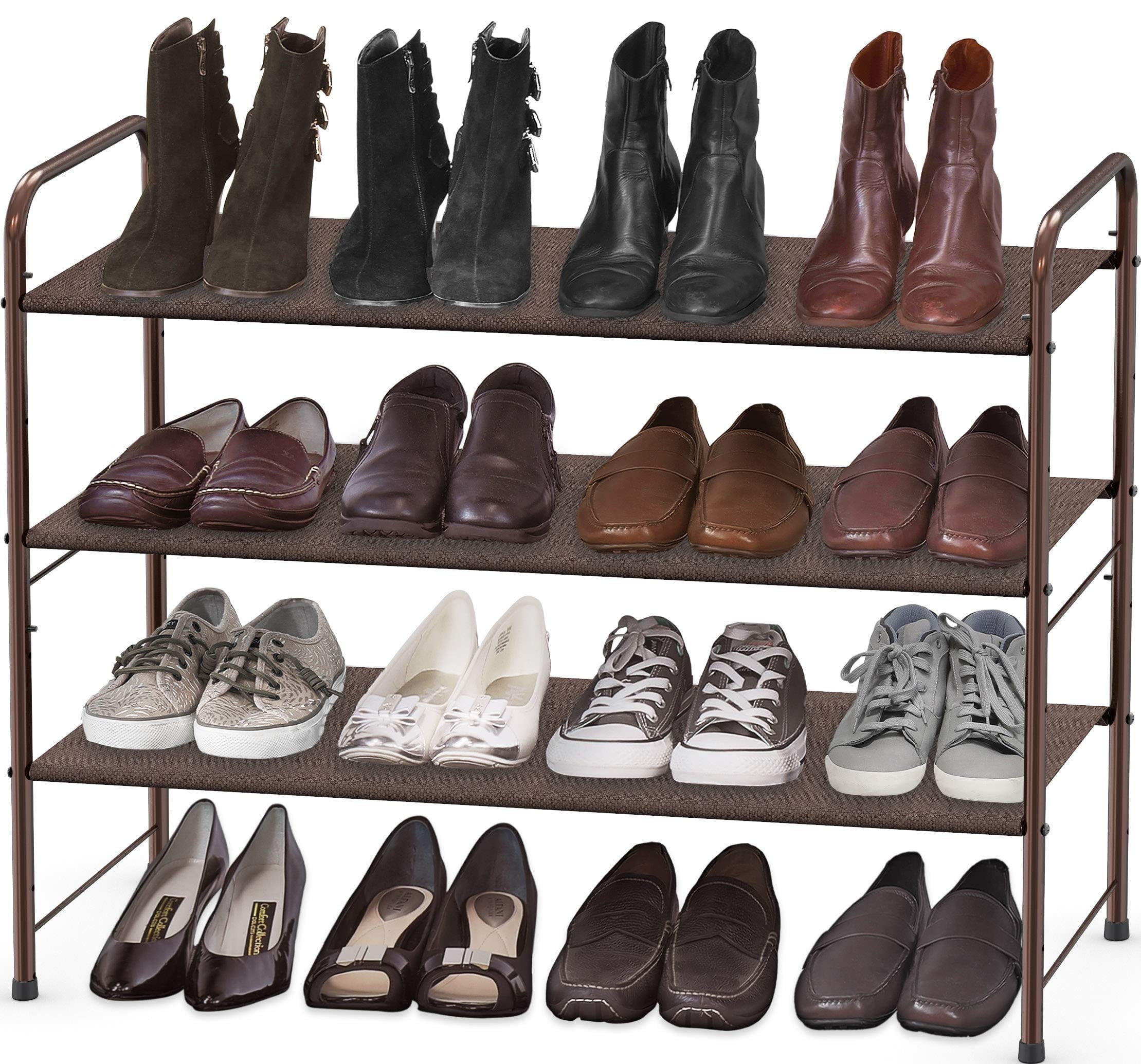 Brown 3-Tier Metal and Fabric Shoe Rack Organizer