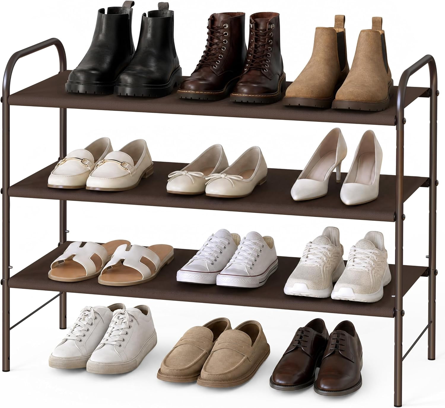 Simple Houseware 3-Tier Shoe Rack Storage Organizer, 9-16 Pairs, Bronze | Space-Saving Shelf with Sturdy Metal Frame and Non-Woven Fabric Shelves for Entryway, Garage & Corridor