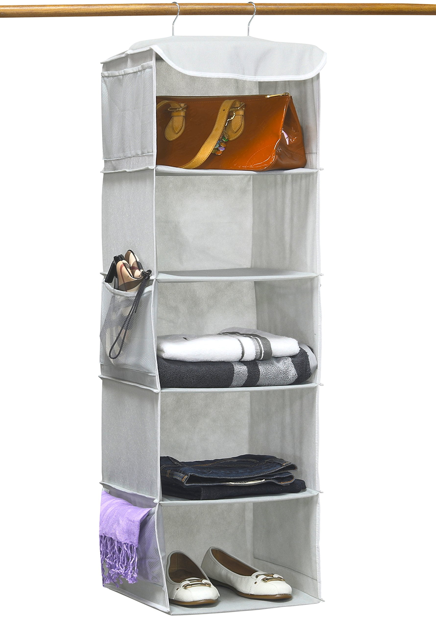 3 Tier Foldable Closet Hanging Organizer with Name Plate, Clothes Hanging Shelves with 5 S Hooks, Wall Mount&Cabinet Wire Storage, Size: 1 x 2 x 3