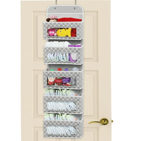 Simple Houseware Baby Over The Door Hanging Organizer Storage, 5 Clear Window Pockets, Gray/White