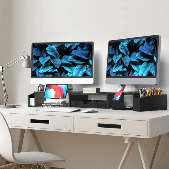 Simple Houseware Desk Dual Monitor Stand Riser with Drawer, Black
