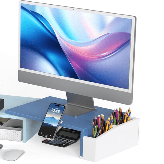 Simple Houseware Desk Dual Monitor Stand Riser with Drawer, Blue