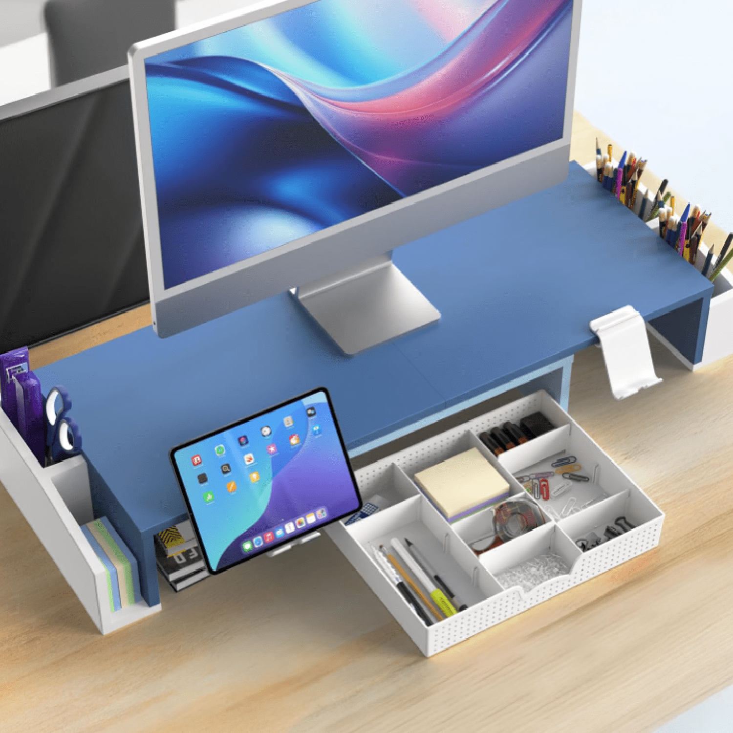 Monitor Desk Rig Simple Houseware Desk Dual Monitor Stand Riser with Drawer, Blue ...